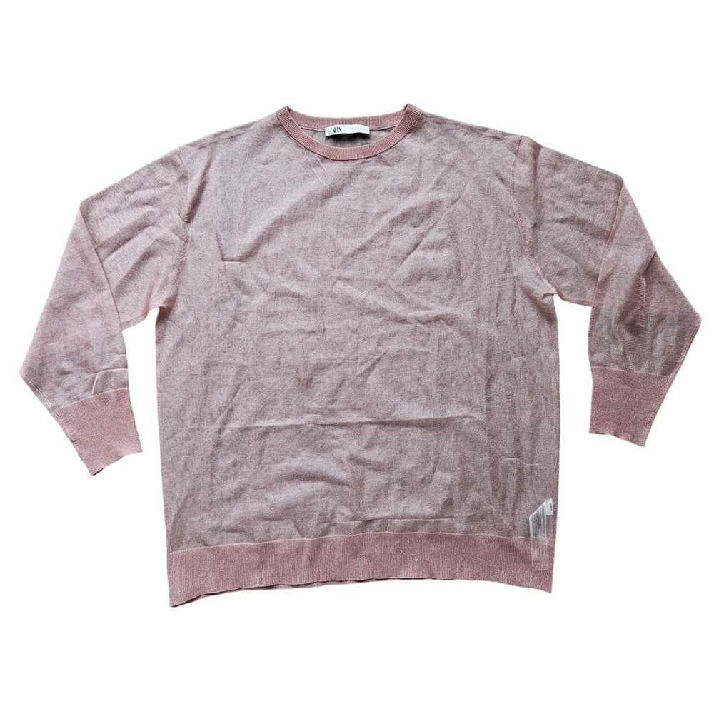 Zara Womens Rose Gold Metallic Shimmer Fine Knit Crew Neck Sweater Size Medium